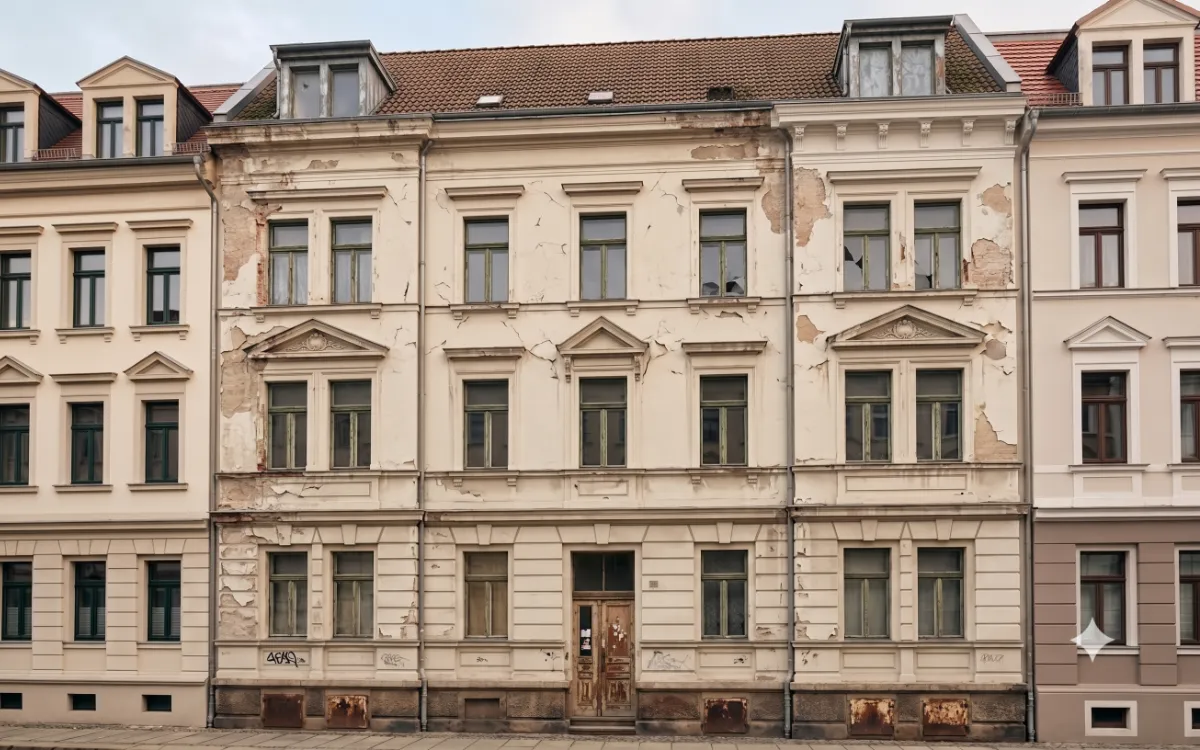Unsaniertes Gründerzeit-Mehrfamilienhaus mit verwitterter Fassade zwischen bereits sanierten Nachbarhäusern
