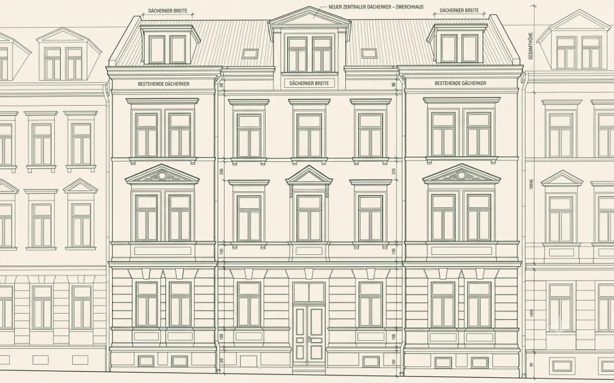Architektenzeichnung der Fassade desselben Gründerzeit-Mehrfamilienhauses mit Vermaßungen