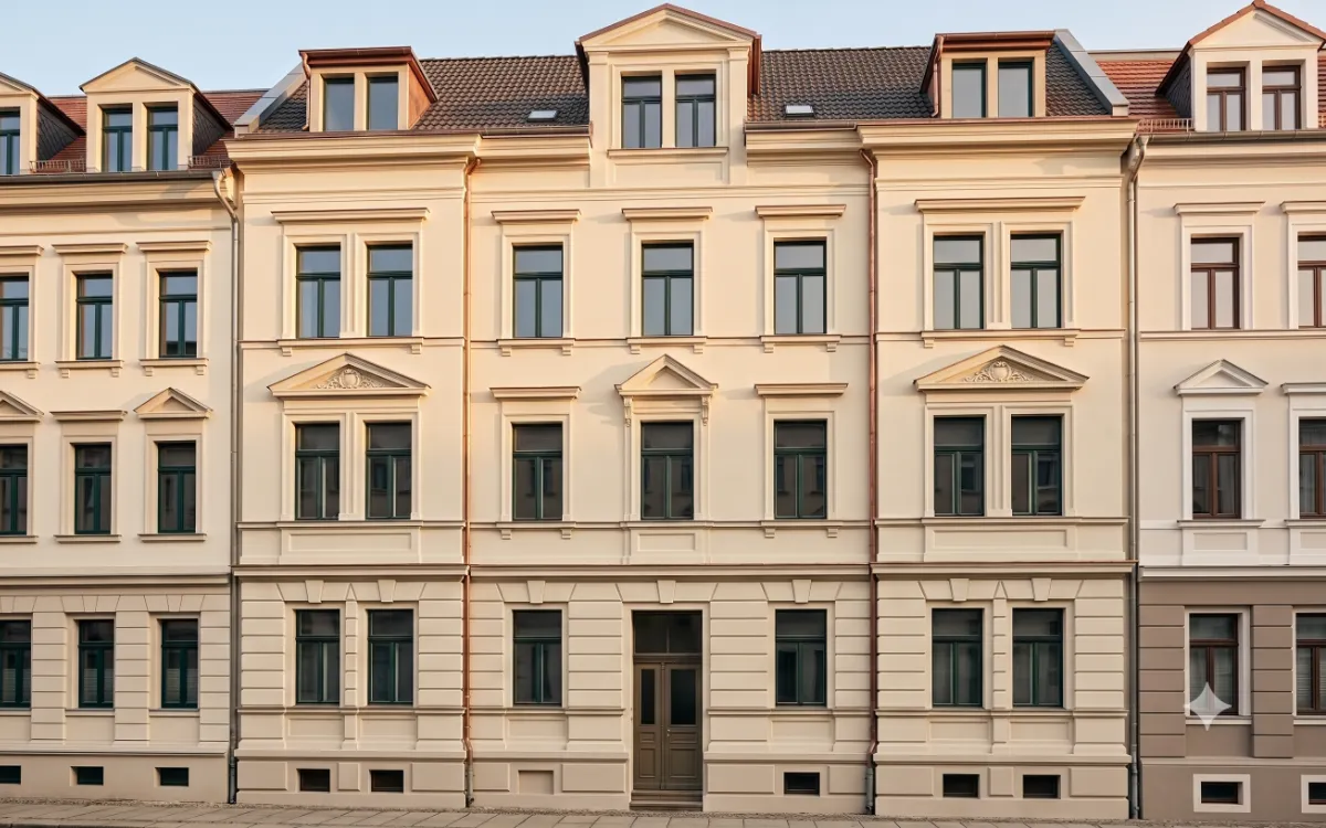 Dasselbe Gründerzeit-Mehrfamilienhaus frisch saniert im Abendlicht, eingefügt in die sanierte Häuserzeile