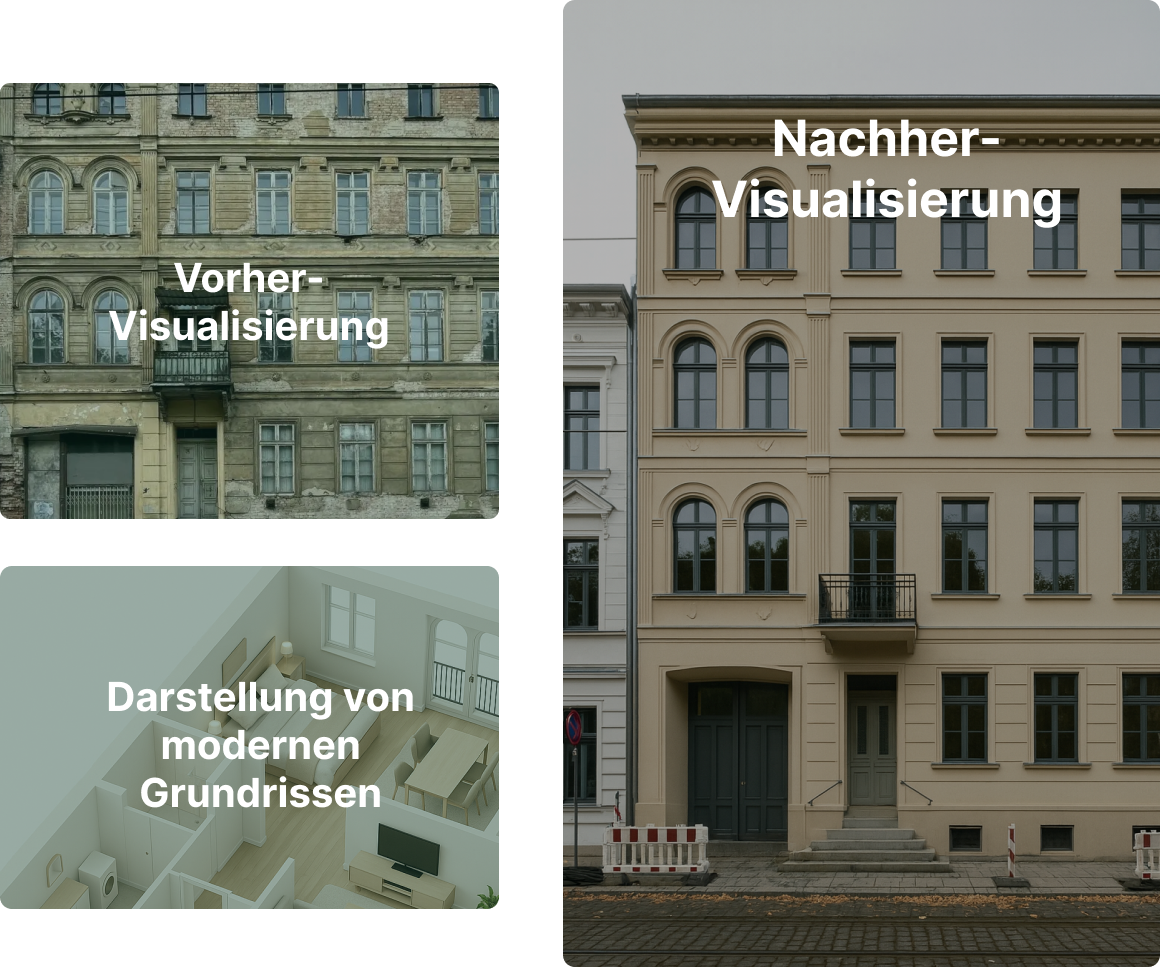 Kombibild mit verfallenem Altbau, saniertem Gründerzeithaus und modernem 3D-Grundriss – Janusberg® entwickelt Immobilien von der Analyse bis zur Fertigstellung.