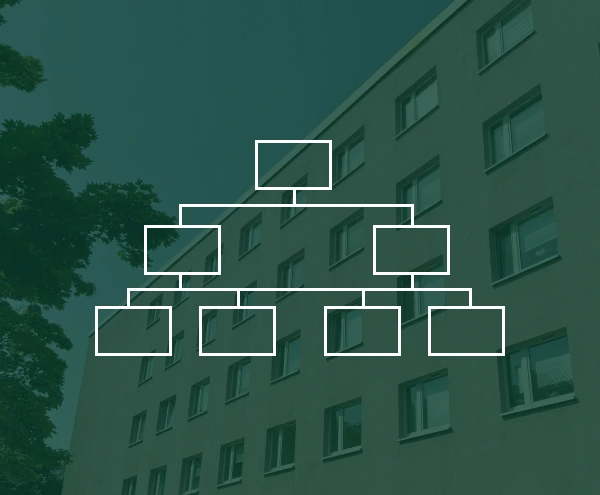 Großes Mehrfamilienhaus bei Leipzig mit eingeblendetem Organigram – Janusberg® begleitet Investoren bei Rechtsformwahl, Gesellschaftsgründung und Strukturierung für erfolgreiche Immobilienakquisitionen.