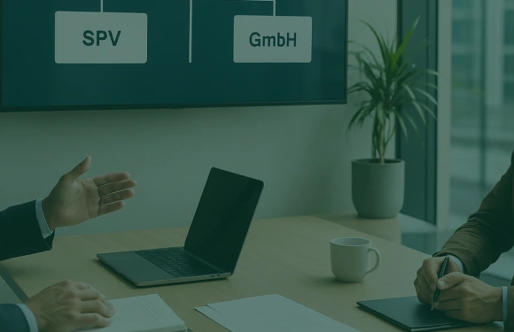 Gesellschaftsstruktur auf Bildschirm, Hände und Laptops am Meetingtisch – Janusberg® entwickelt individuelle Investmentstrukturen für Immobilieninvestoren.