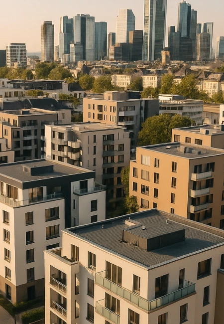 Luftaufnahme mehrerer Wohn- und Geschäftshäuser in Innenstadtlage – Janusberg® identifiziert, prüft und kauft renditestarke Immobilien im Full Service