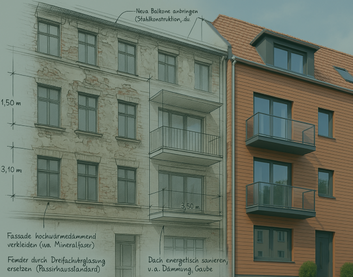 Vogelperspektive auf Leipzig mit Fokus auf ein saniertes Mehrfamilienhaus – Janusberg® identifiziert Potenziale bei Immobilien aus Zwangsversteigerungen und entwickelt sie nachhaltig.
