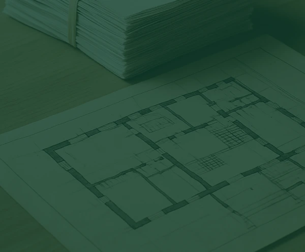 Grundriss und Stapel von Gebäudeunterlagen – Janusberg® prüft baulichen Zustand, rechtliche Einträge, Mieterstruktur und Wirtschaftlichkeit bei Zwangsversteigerungen.
